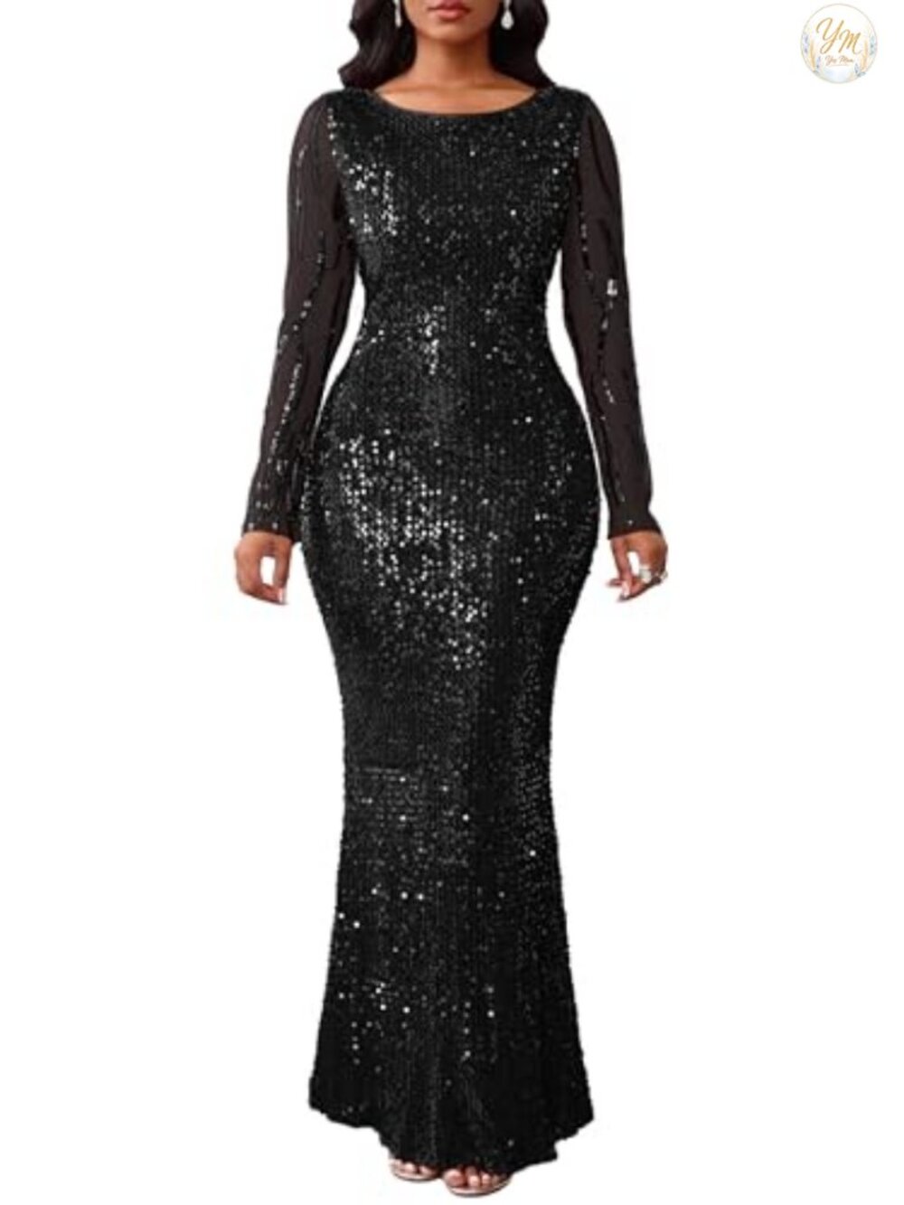 VERWIN Sequin Bodycon Mermaid Maxi Dress Long Sleeve Round Neck Zipper
